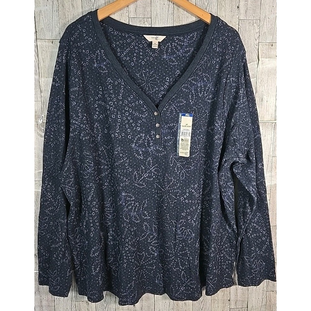 Terra & Sky Shirt 3X (24-26) Blue Waffle Henley Tee Plus Size NEW